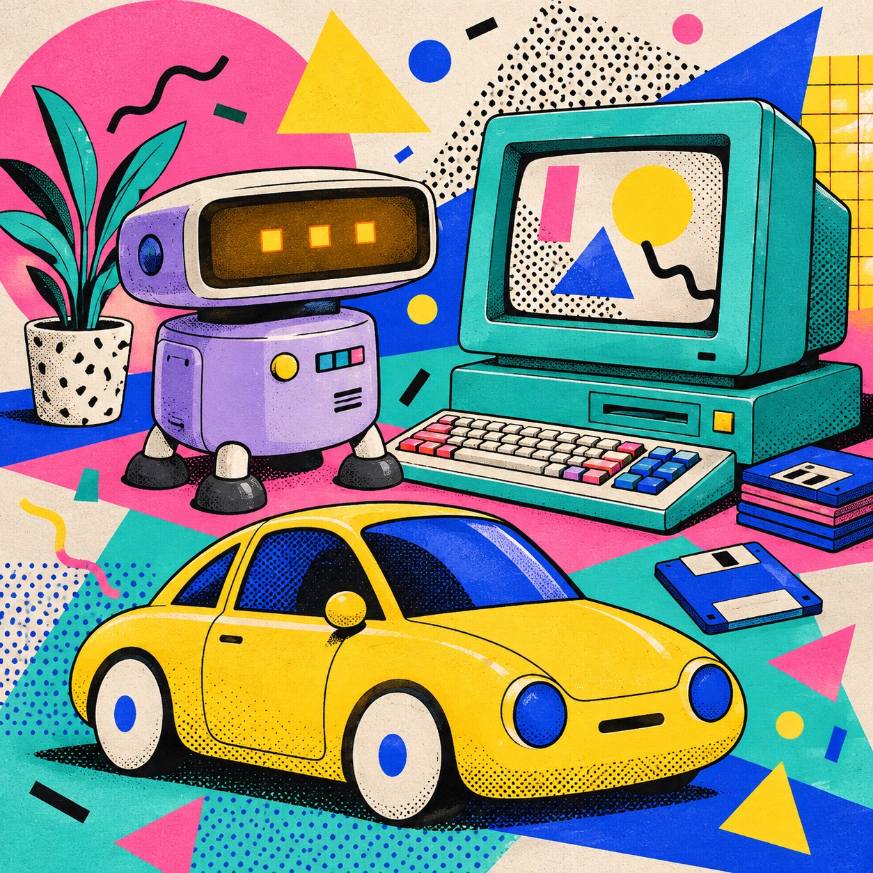 Original Memphis-style illustration of a friendly three-eyed desk robot, teal retro computer, floppy disks, and a yellow concept car.